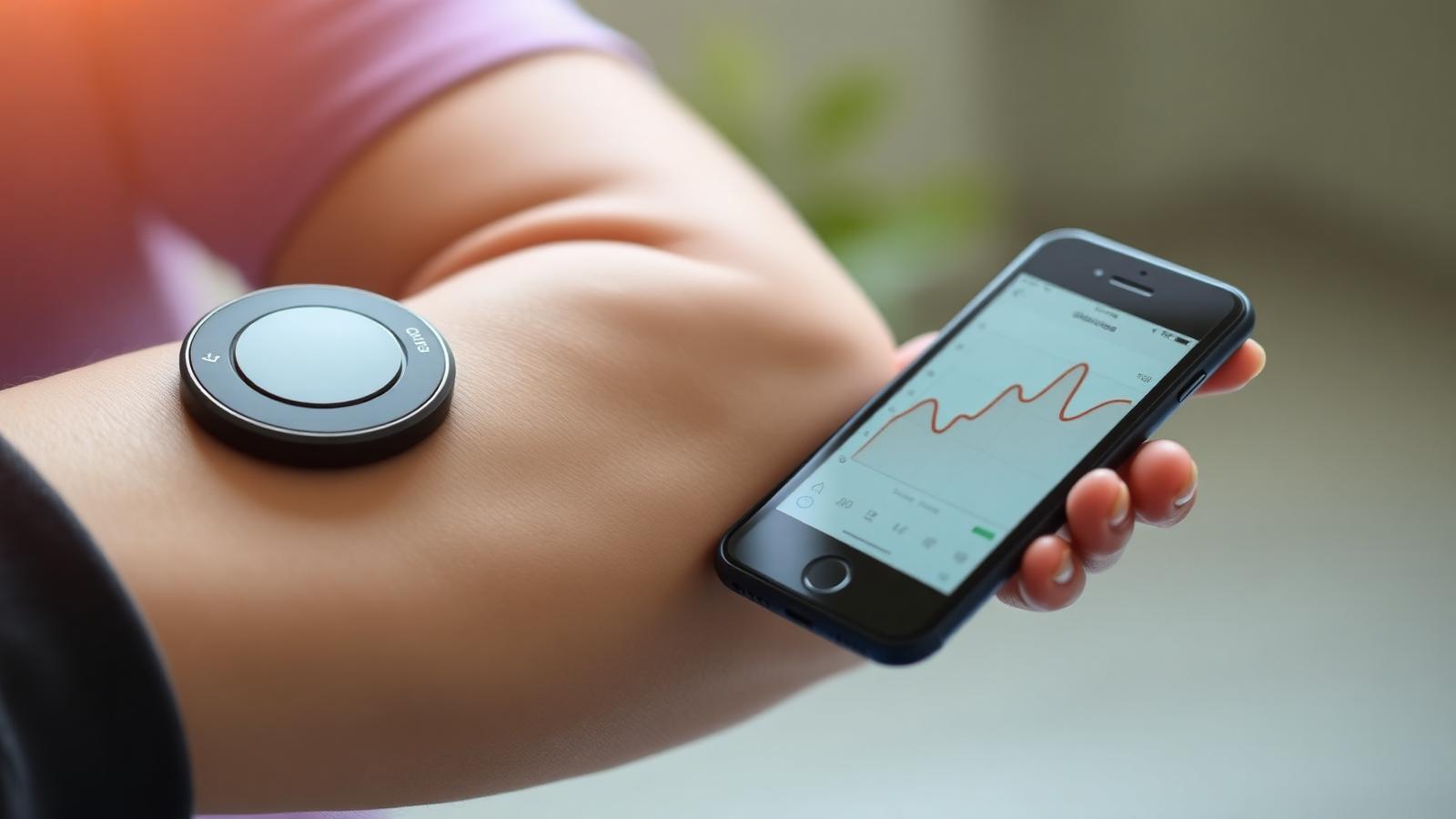 A continuous glucose sensor on an arm, with readings on a phone