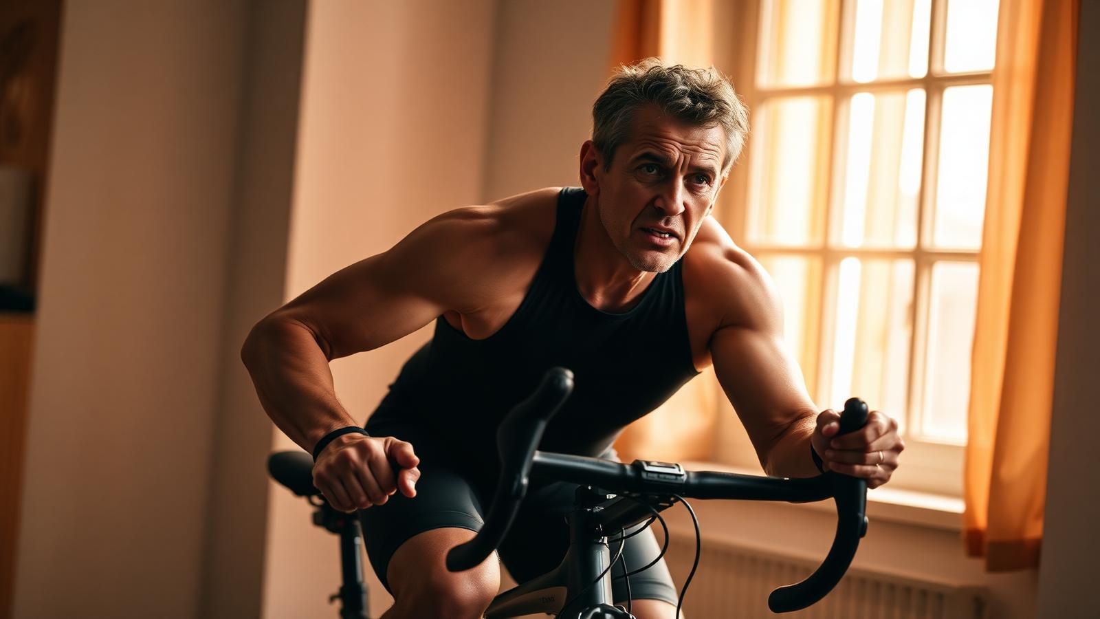 A man in his fifties training on an indoor bike in warm morning light